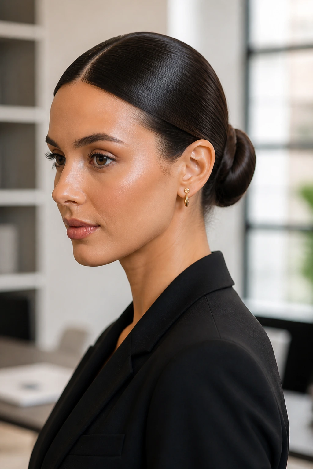 Close-up of a real woman with a sleek center-parted low bun