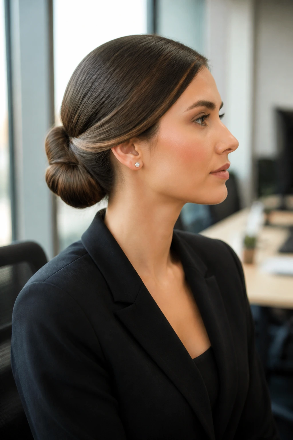 Side-profile of a woman with a sleek chignon and deep side part in an office
