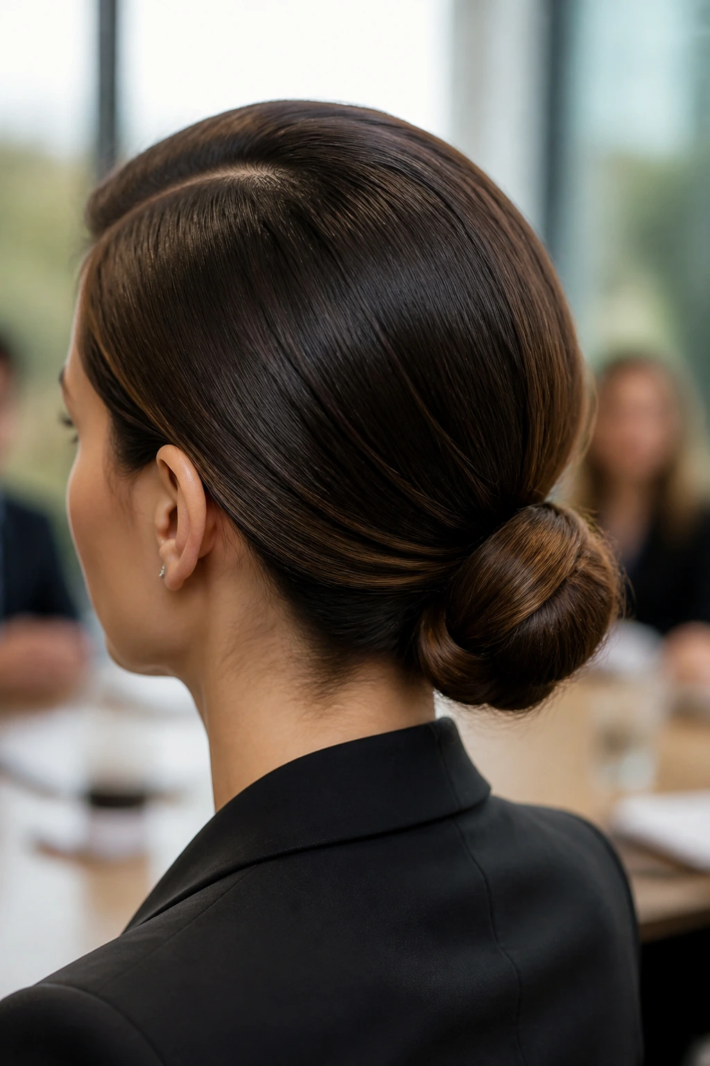 Rear three-quarter view of a woman with a sleek chignon and side part in an office