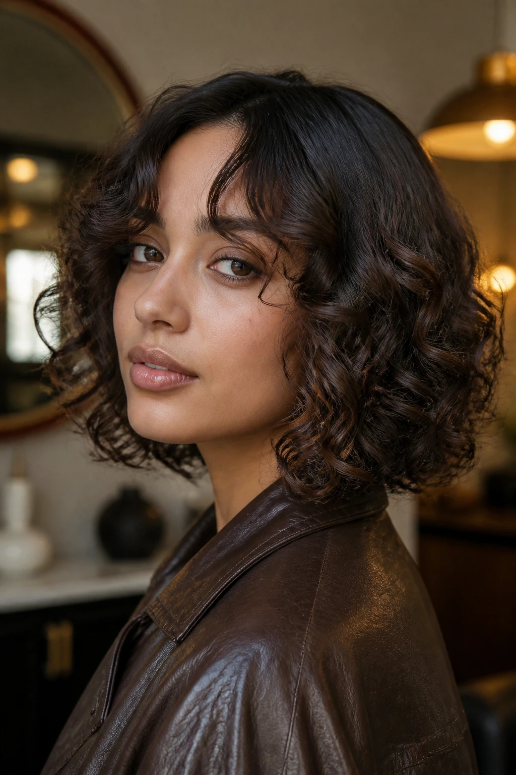 Portrait of a woman with sleek-to-curly bob and curtain bangs