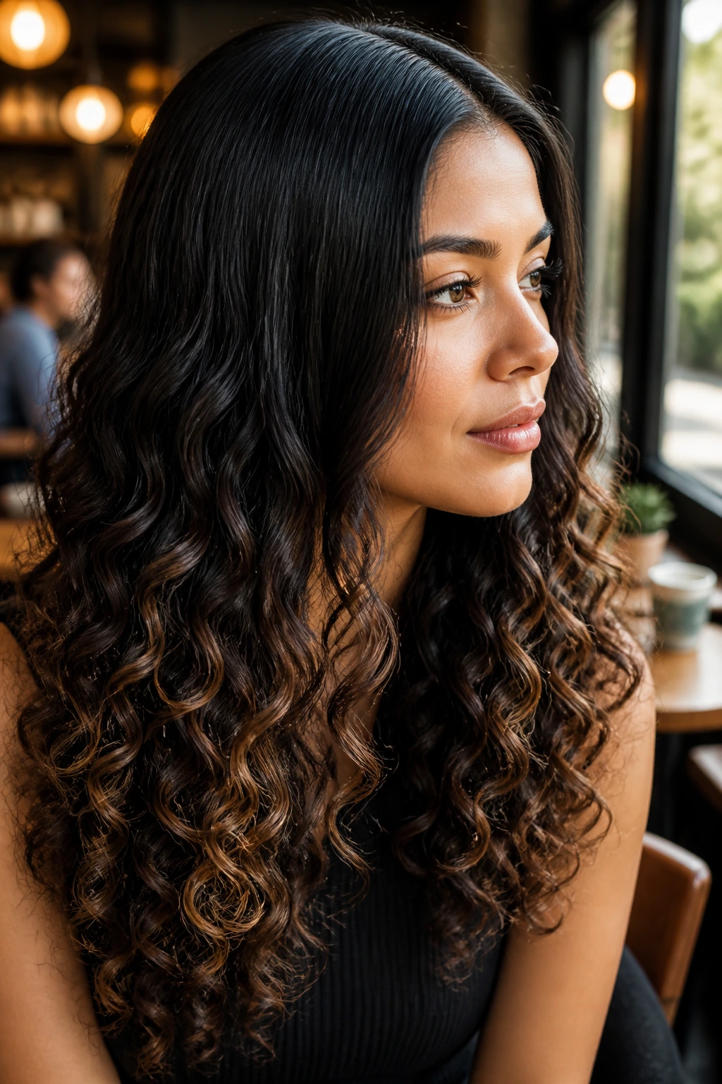 Latina woman with a sleek-to-curly gradient hair from smooth roots to curly ends