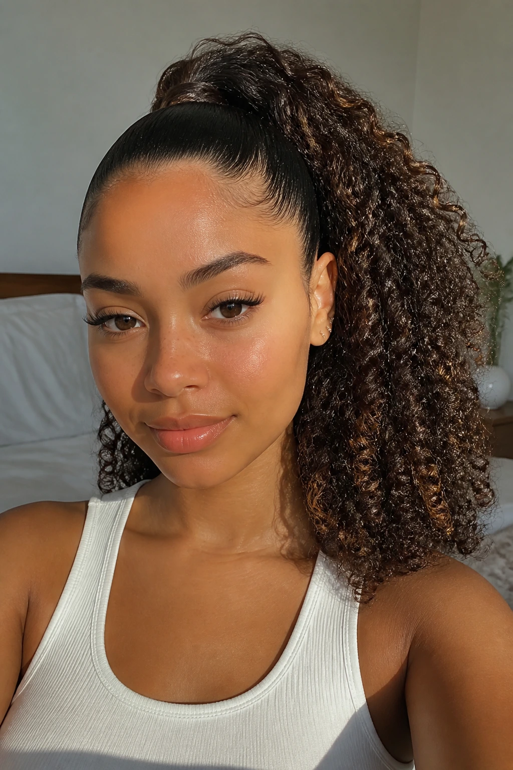 Close-up portrait of a real woman with a sleek crown and voluminous curly ponytail in natural light