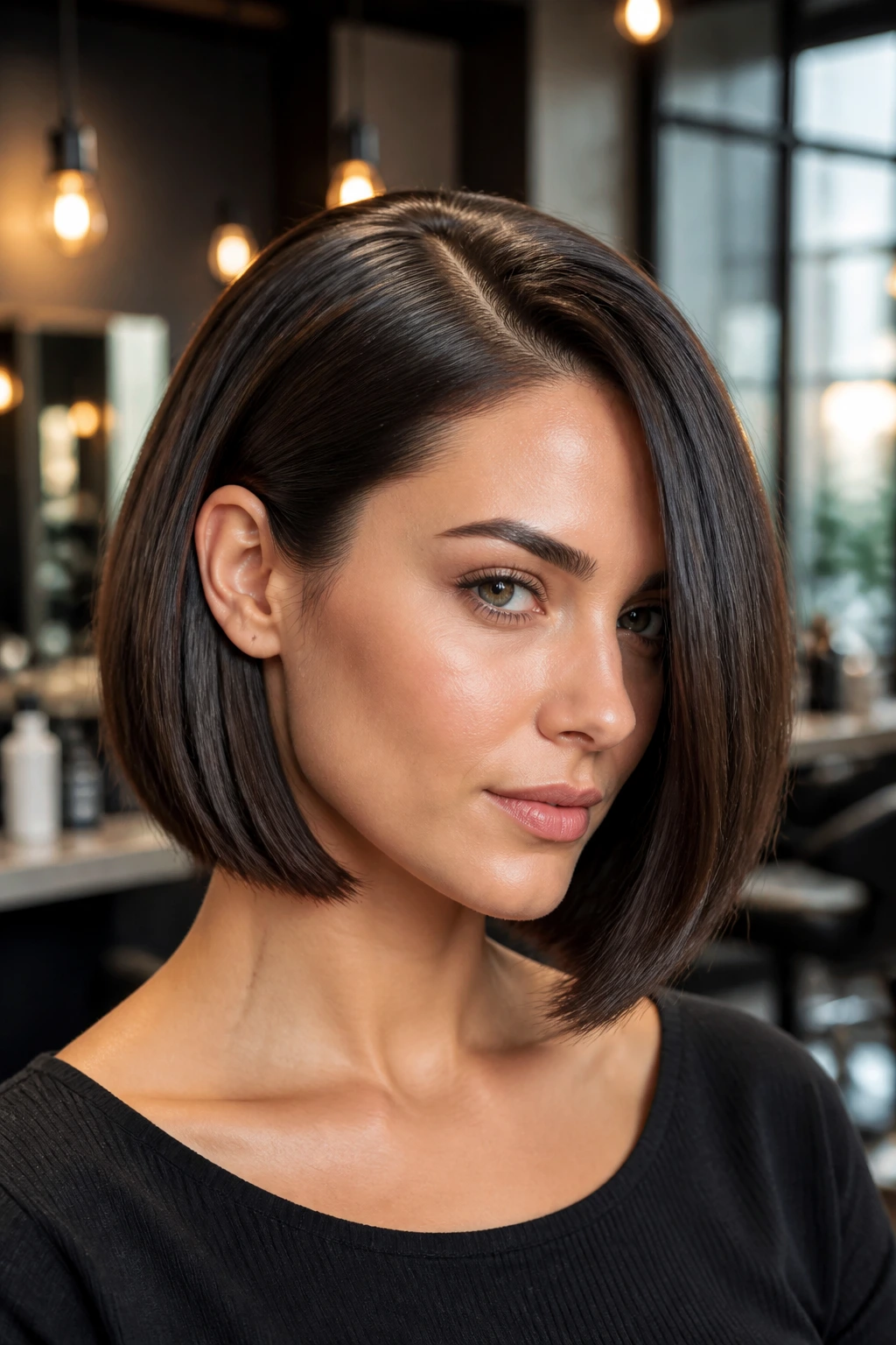 Close-up portrait of a real woman with sleek deep-parted brunette bob
