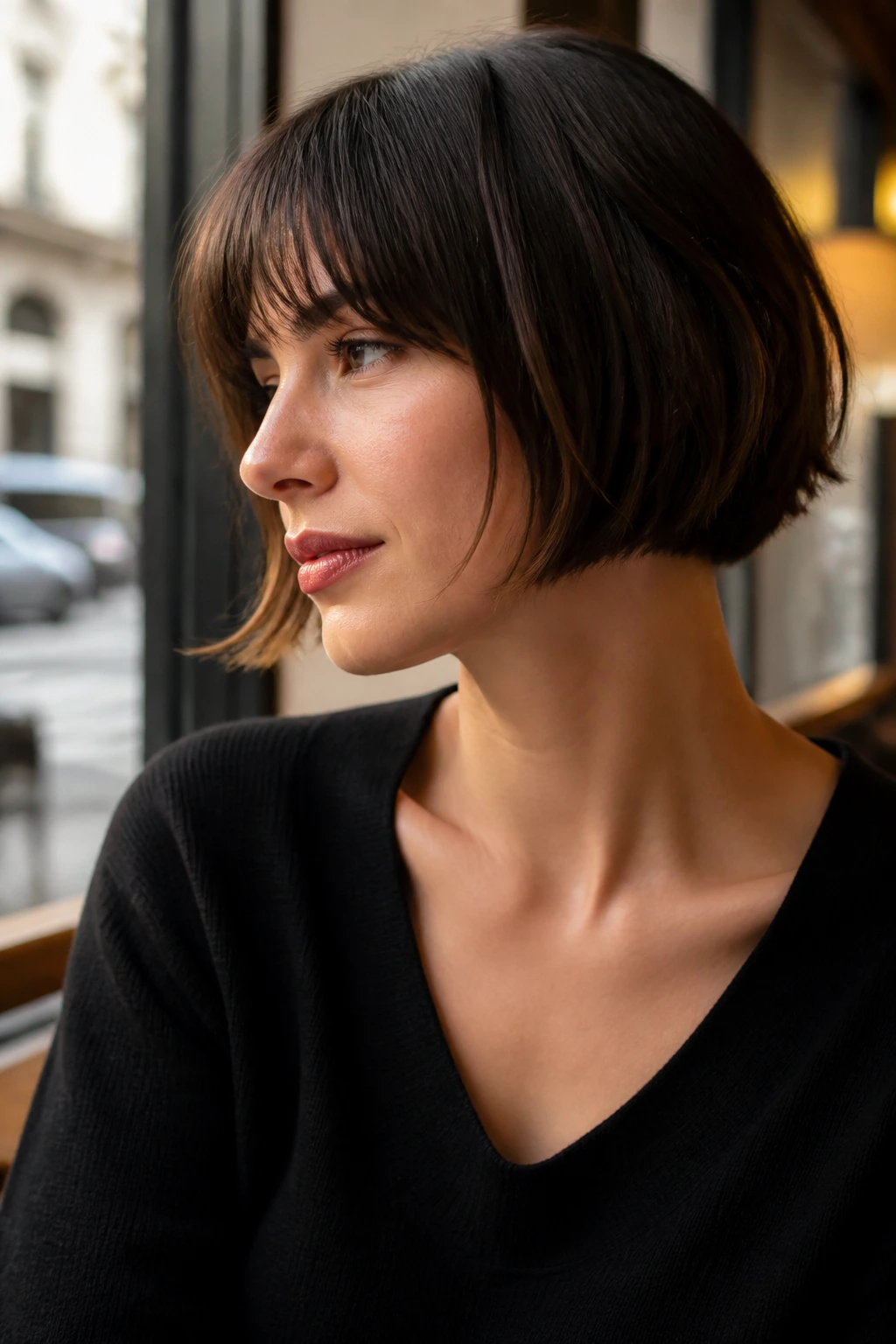 Close-up of a real woman with a sleek French bob