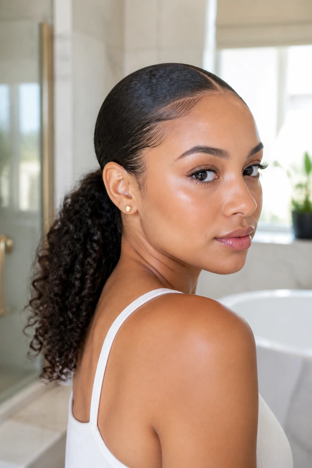 Close-up of a real woman with a sleek front and low ponytail