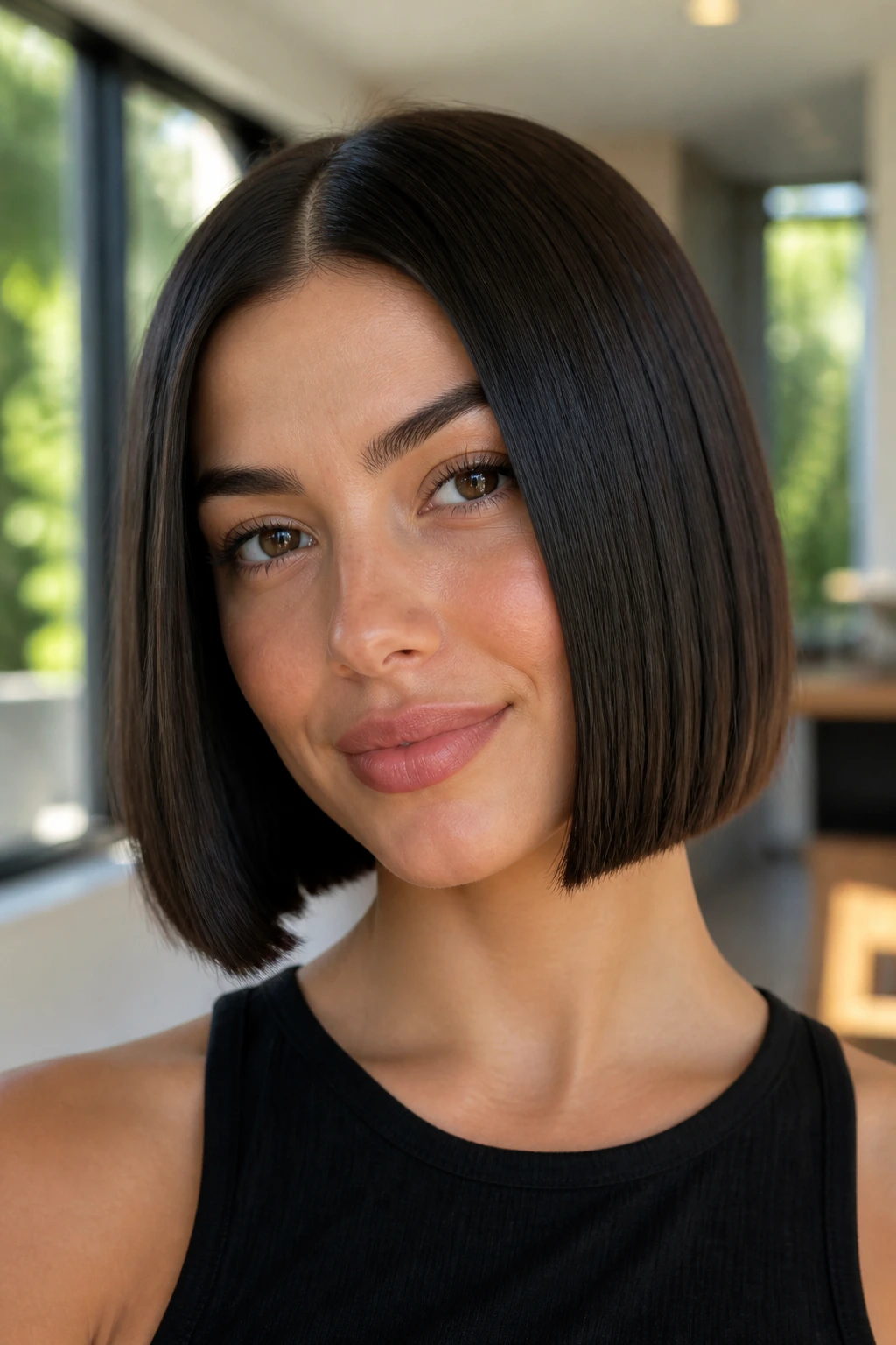 Portrait of a real person with a sleek glass bob haircut.