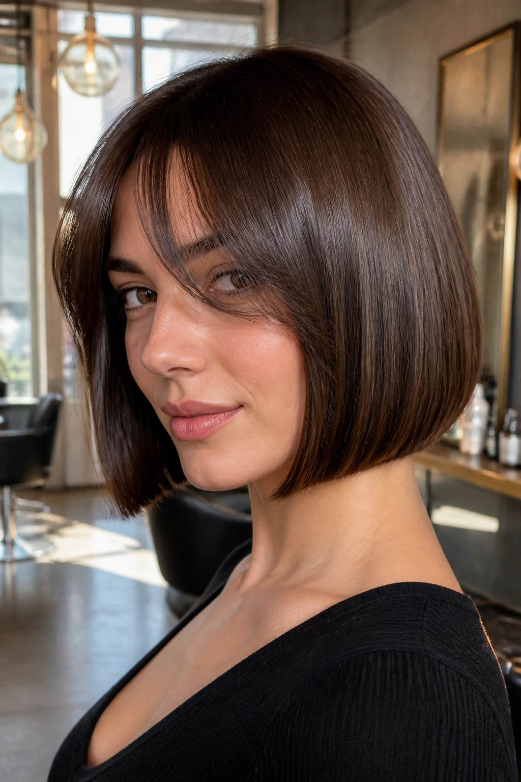 Close-up portrait of a real woman with a glassy sleek bob and face-framing fringe.