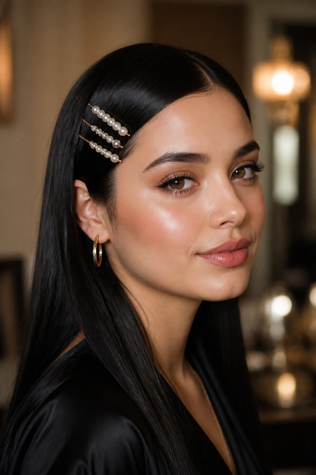 Sleek straight hair with embellished pins on one side.
