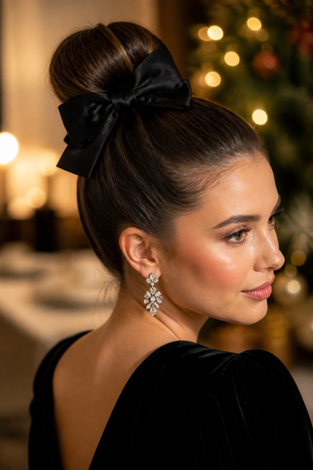 Real woman with sleek high bun and large bow hairstyle
