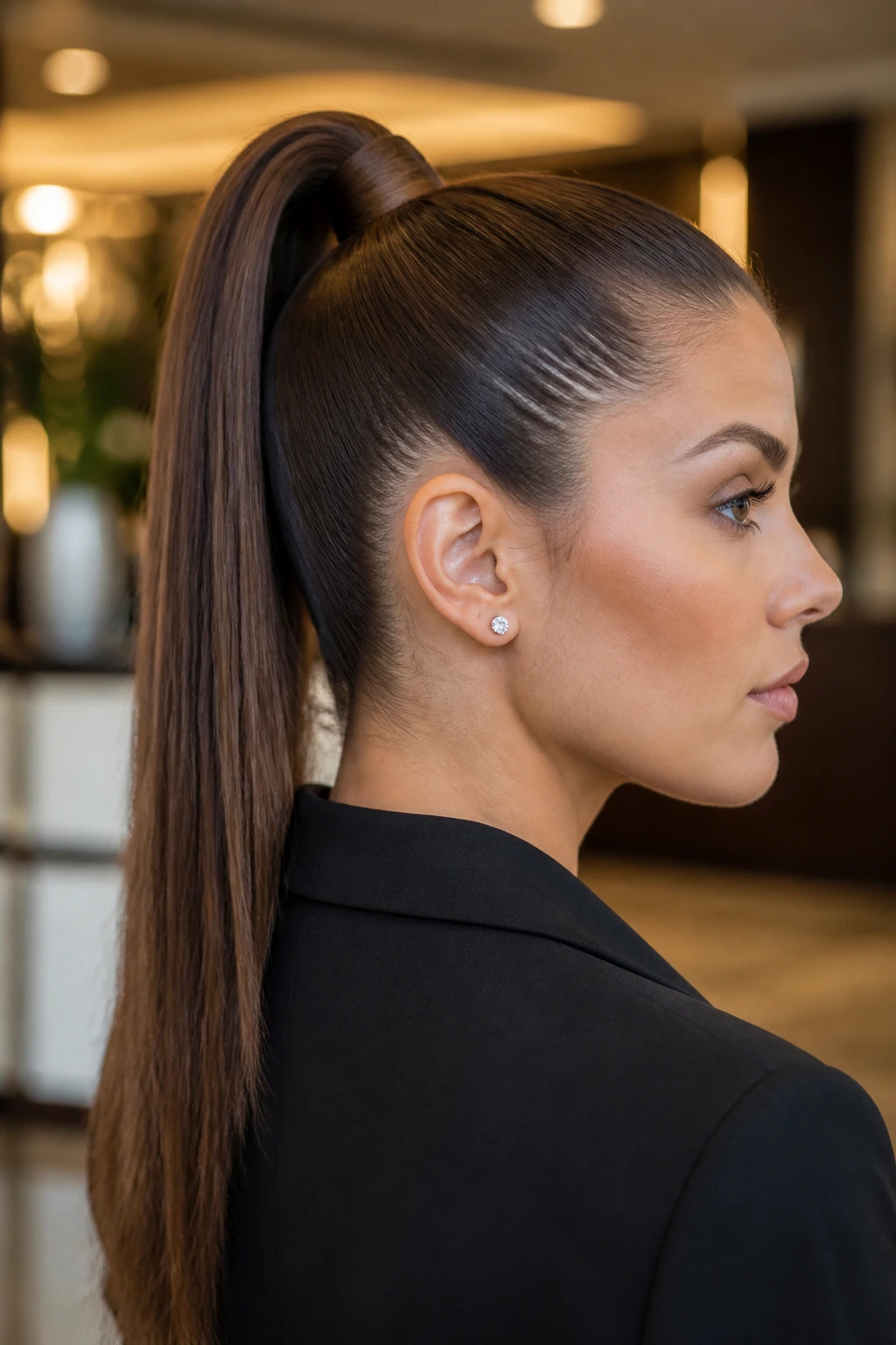 Portrait of a woman with a sleek high ponytail in an office lobby setting.