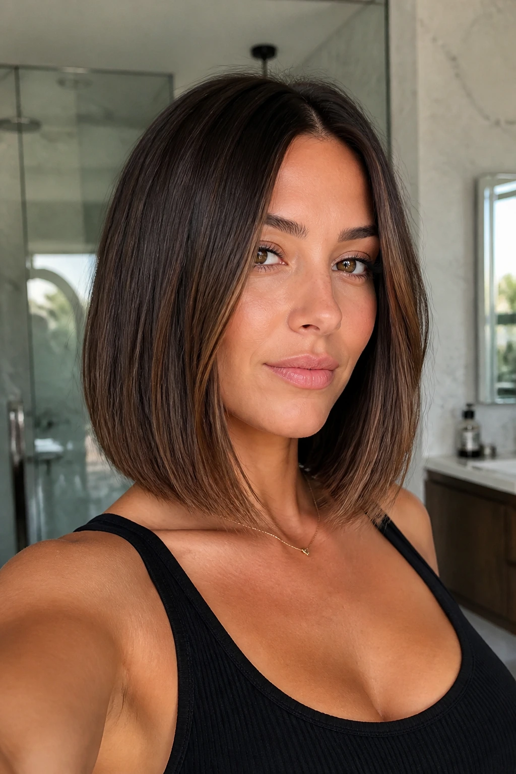 Portrait of a woman with sleek lob and face-framing layers