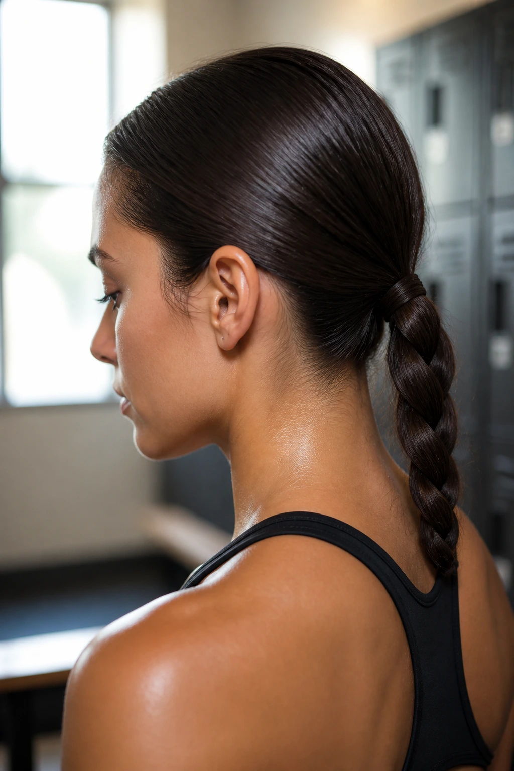 Close-up of a real woman with a sleek low braid at the nape in a gym setting