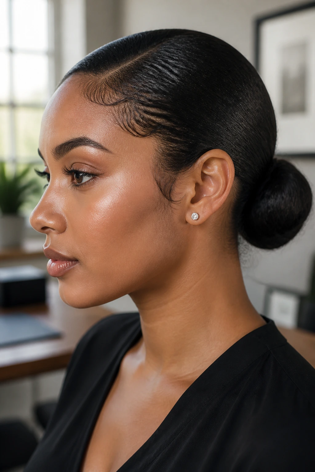 Close-up of a real woman with a sleek low bun