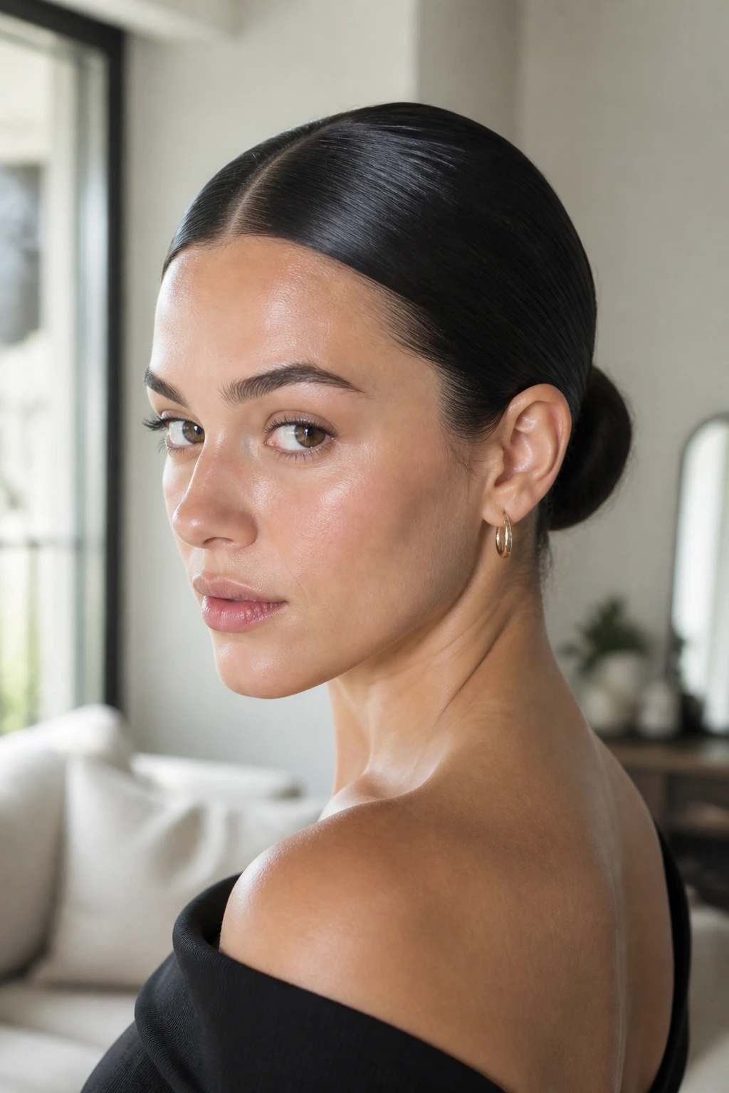Close-up of a real woman with a sleek low bun and center part