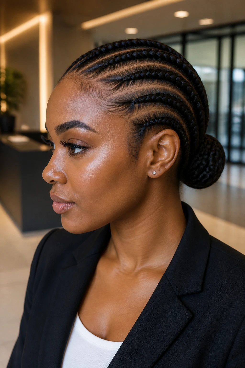 Close-up of sleek low-bun cornrows on a real person