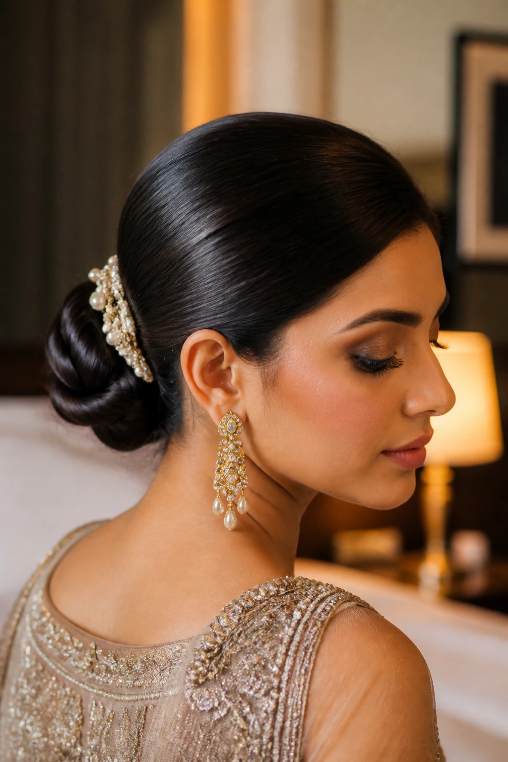 Close-up of a sleek low bun with a single hair jewelry piece against a soft background