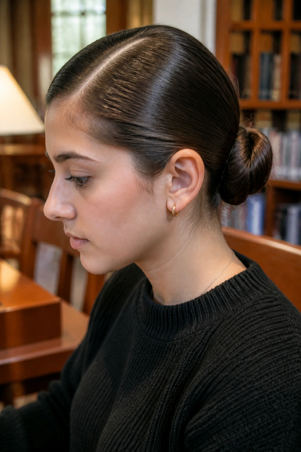 Real student with a sleek low bun and deep side part
