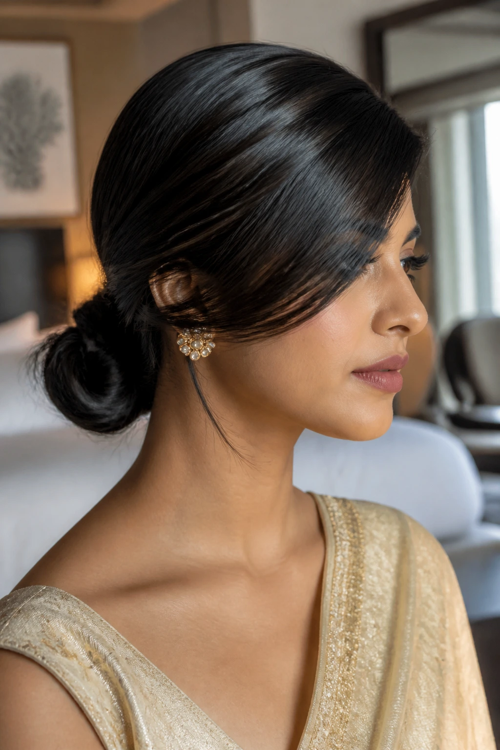 Close-up of a real woman with a sleek low bun and side swept hair