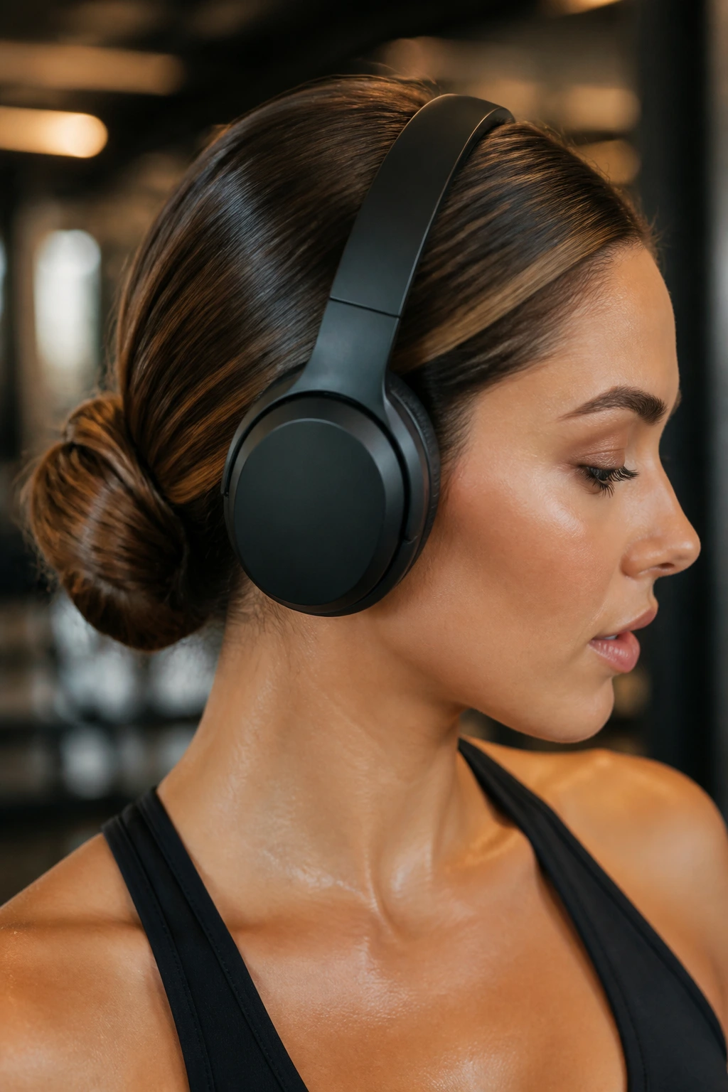 Real person wearing a sleek low chignon in gym setting