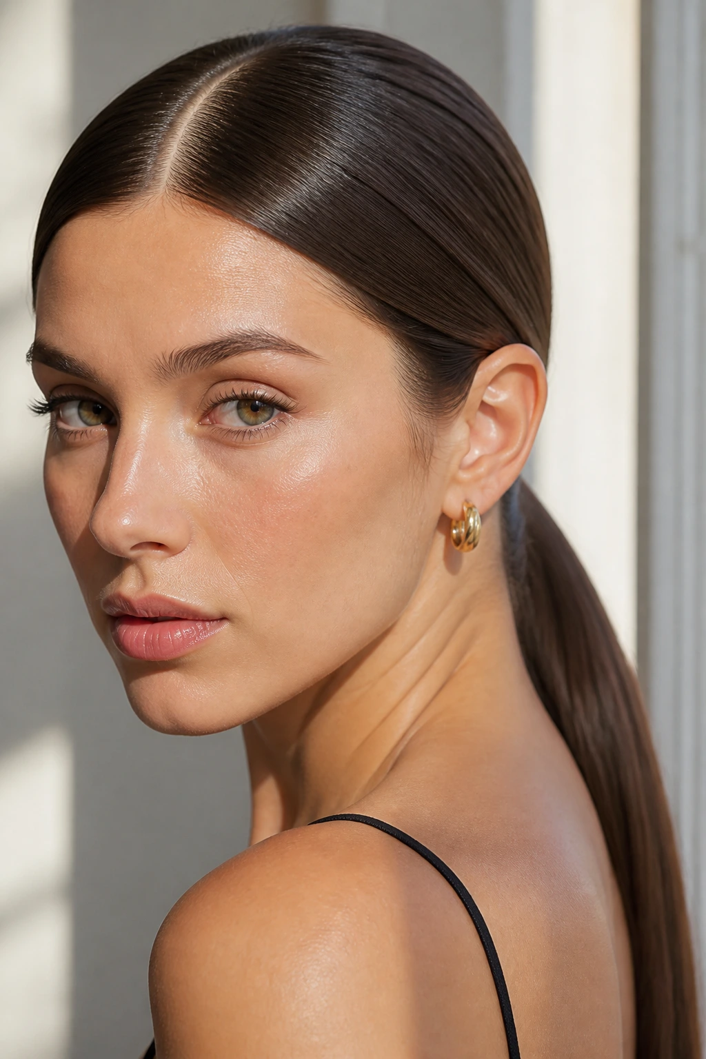 Close-up of woman with sleek low ponytail and center part