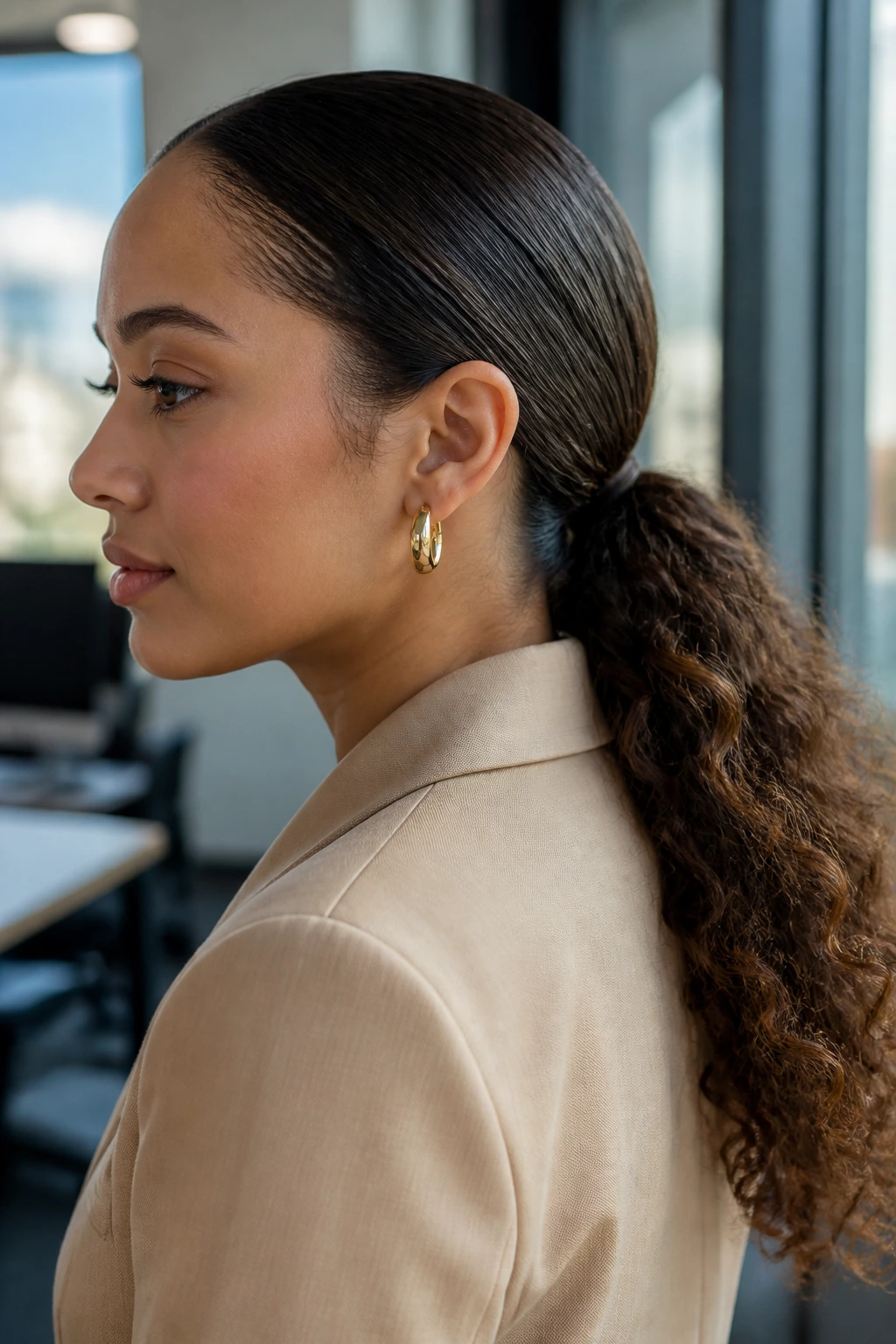 Close-up portrait of a real woman with a sleek low ponytail