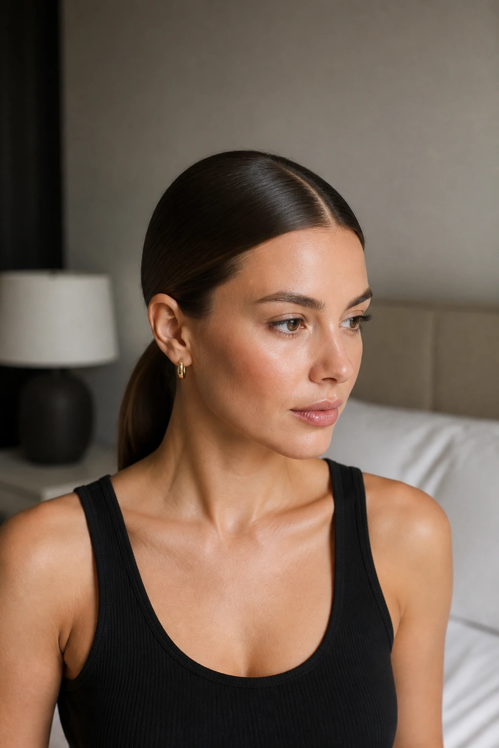 Close-up of a real woman with a sleek low pony and middle part