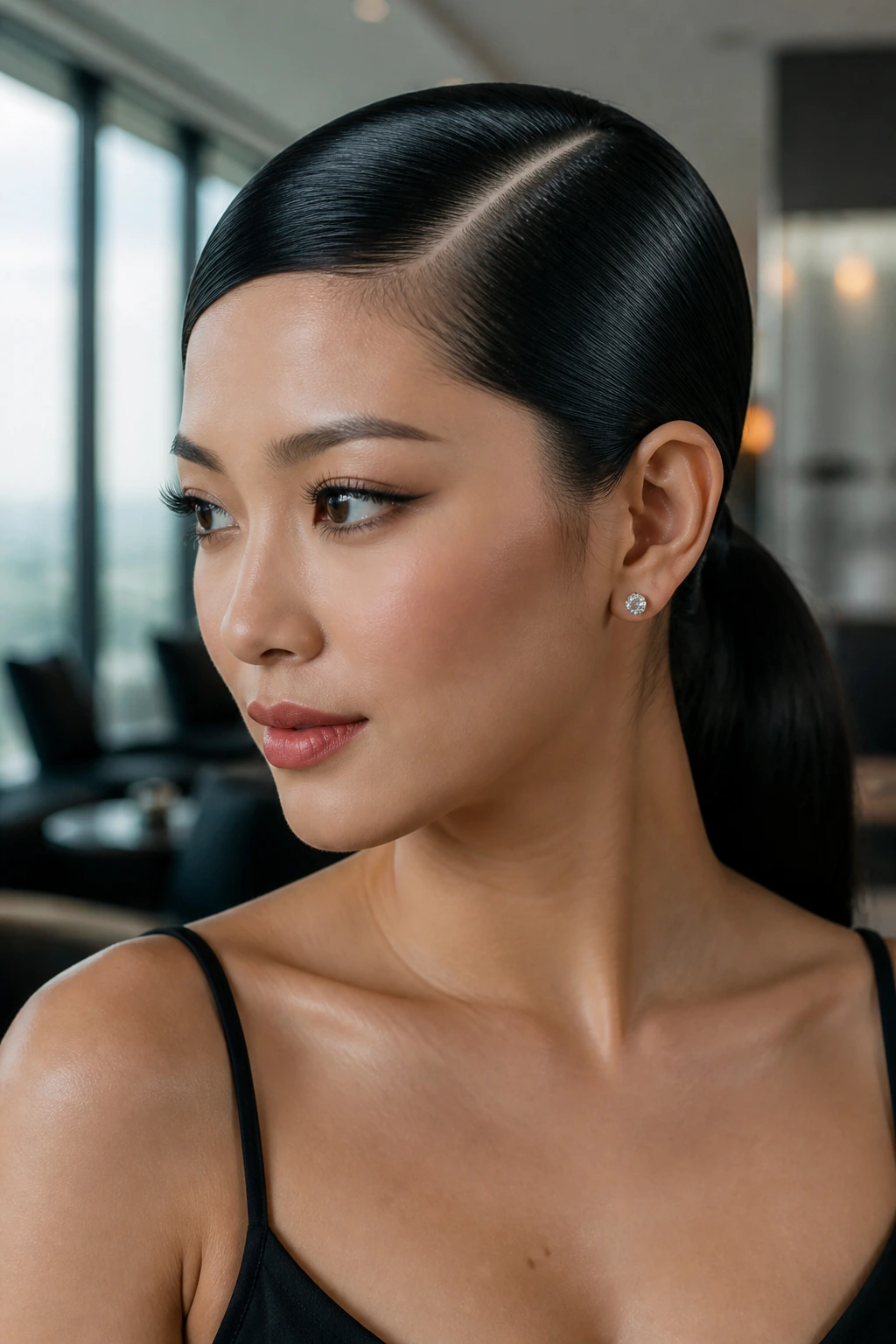 Close-up of a woman with a sleek low ponytail and deep side part