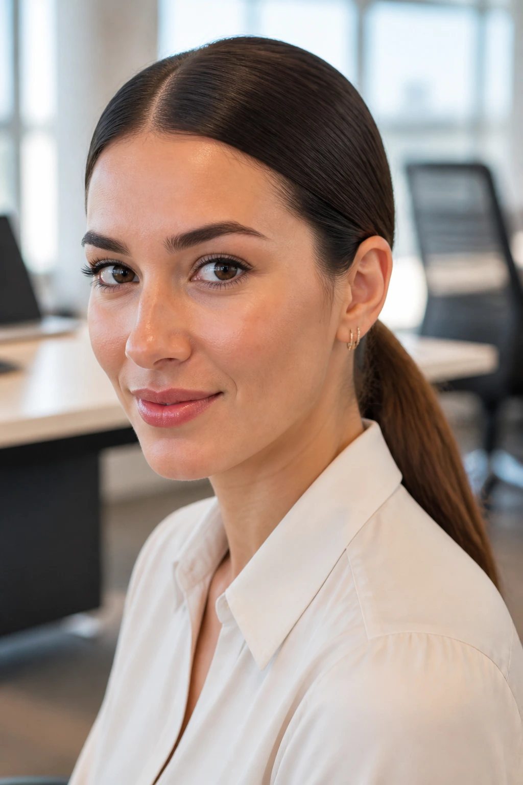 Portrait of a woman with a middle-part sleek low ponytail in an office