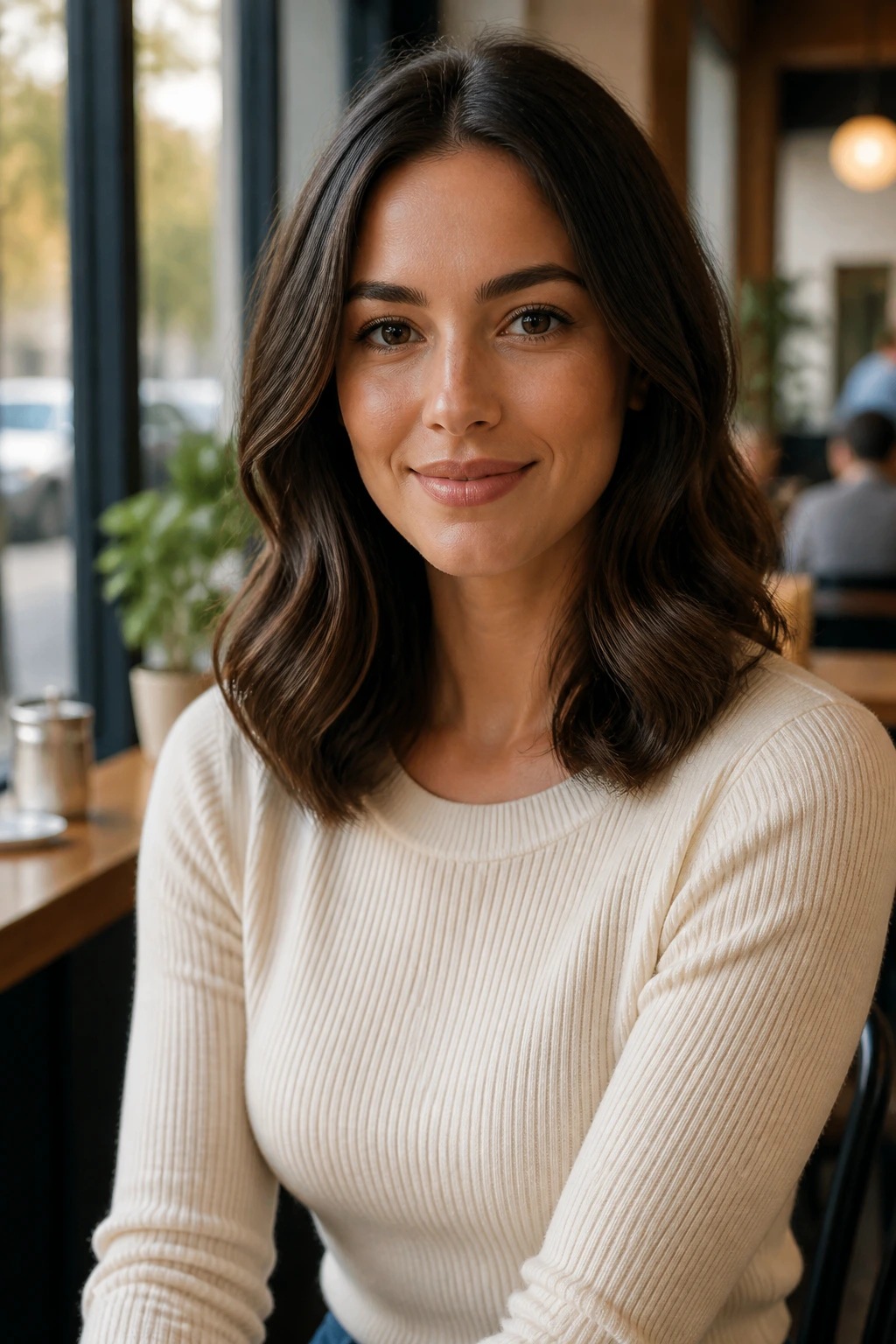 Medium close-up of a real woman with sleek mid-length waves