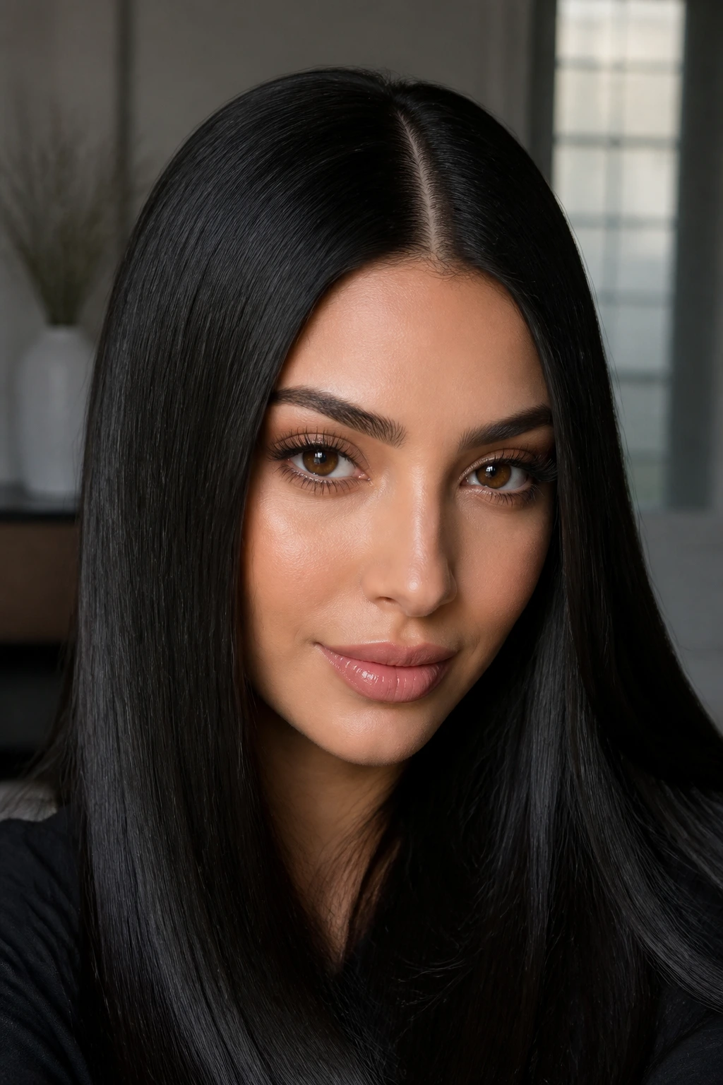 Close-up of a real woman with a sleek middle part and straight hair