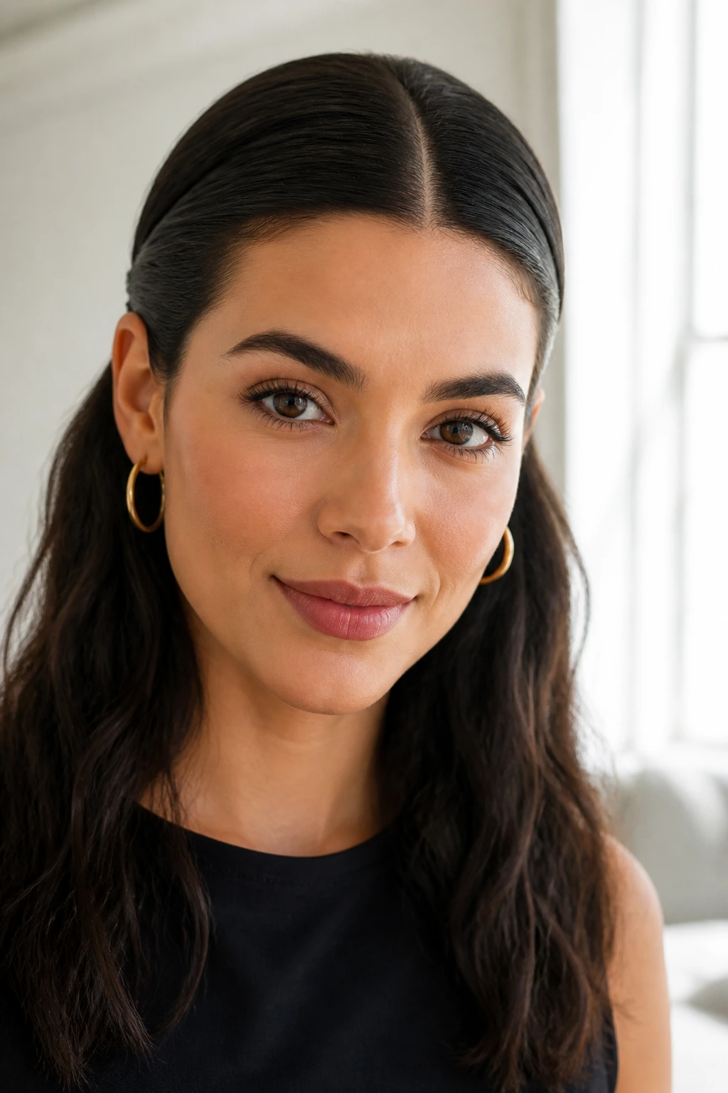 Close-up of a real woman with a sleek middle-part tuck hairstyle behind the ears.
