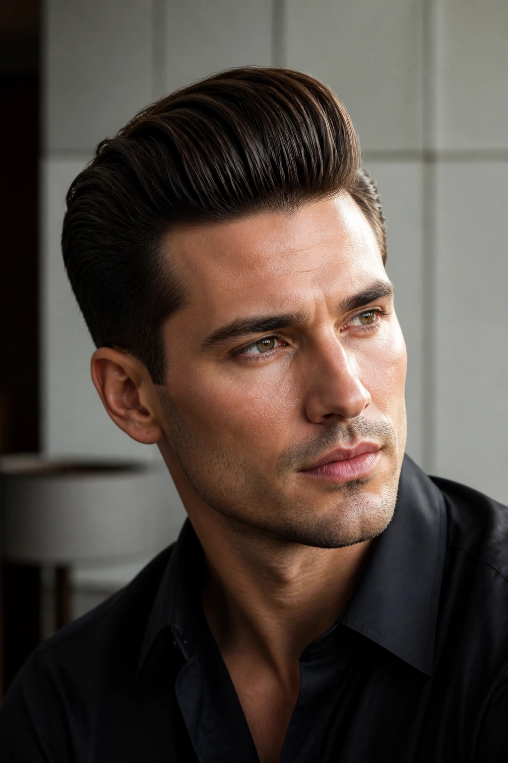 Man with sleek modern pompadour in stylish minimalist interior.