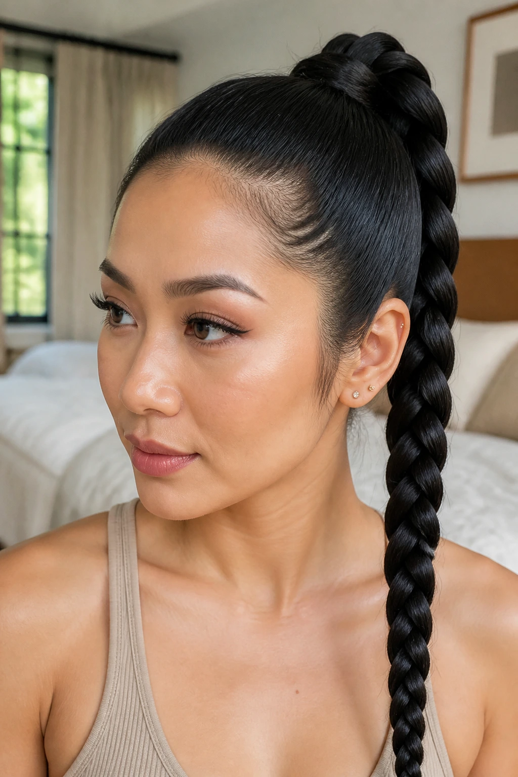 Close-up portrait of a woman with a sleek high ponytail braid