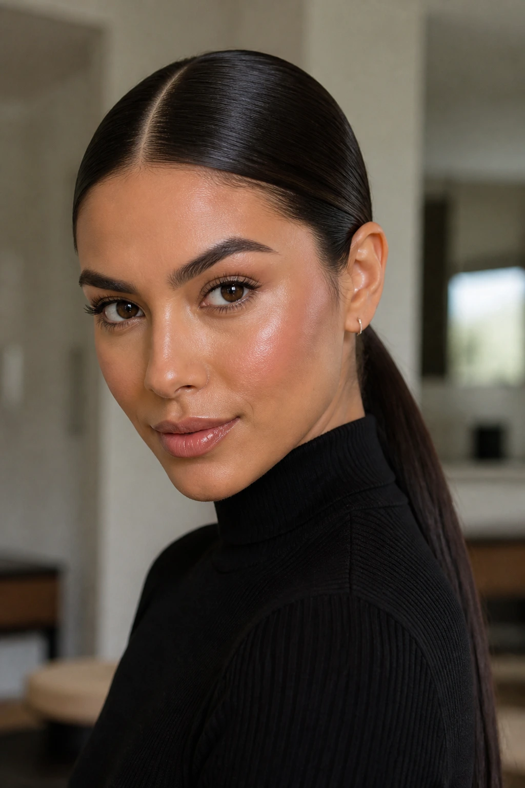 Close-up of a real woman with a sleek, center-part low ponytail.