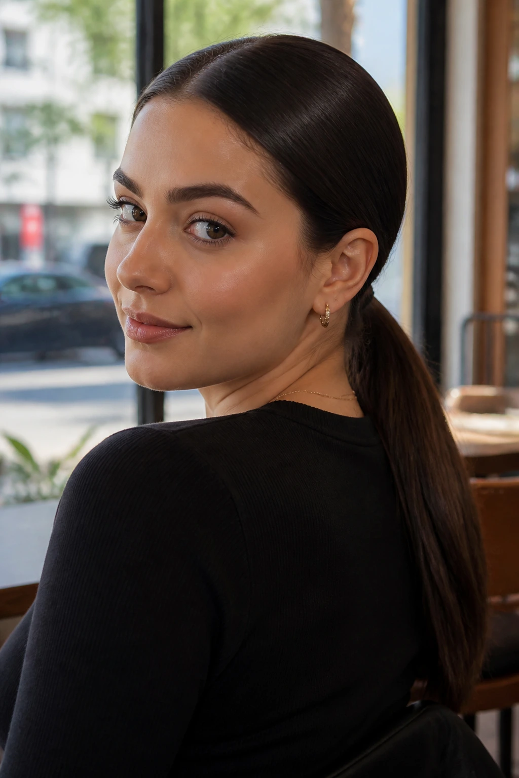 Real person with a sleek low ponytail at the nape