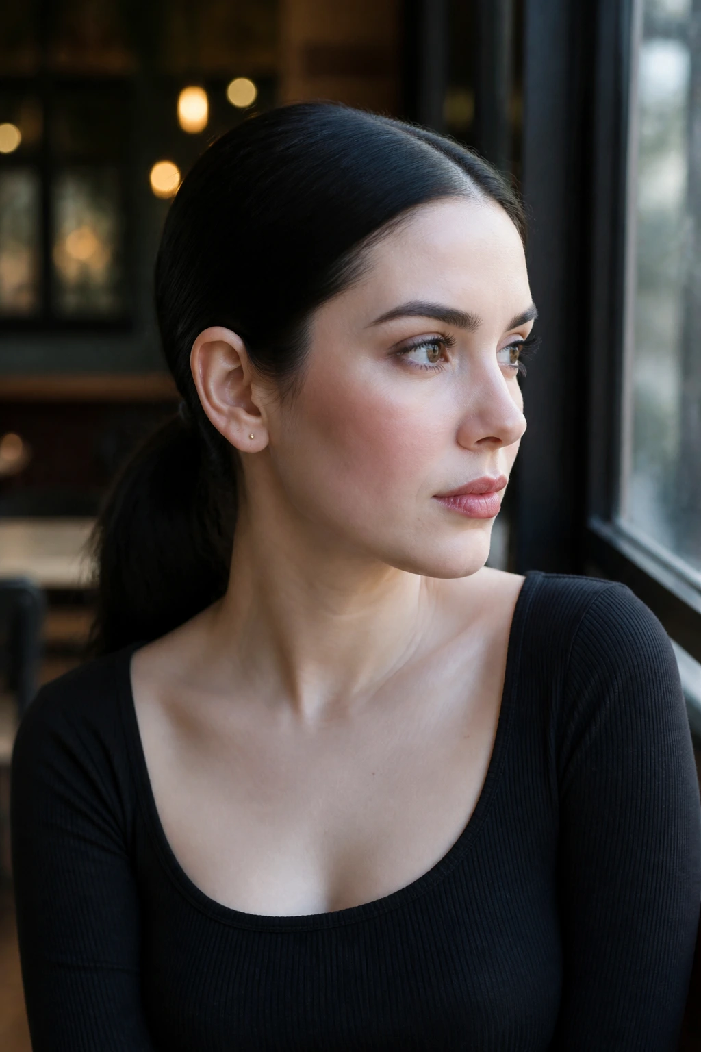 Real-person portrait with a sleek low ponytail and center part.