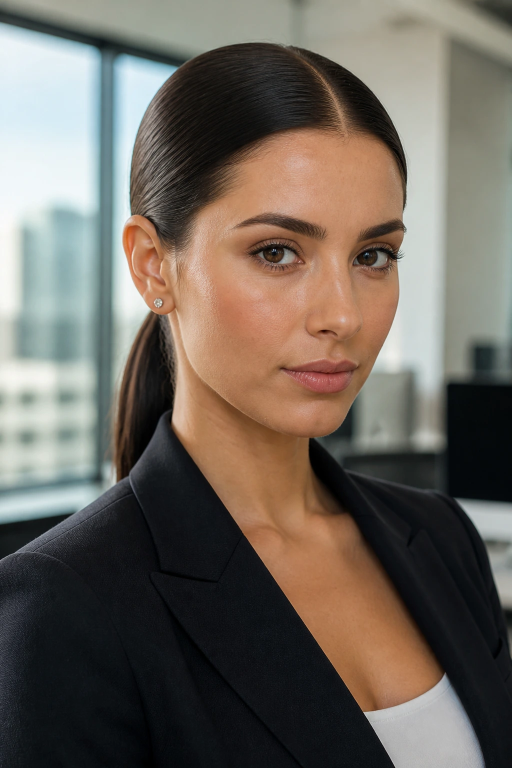 Portrait of a real woman with a sleek low pony and middle part