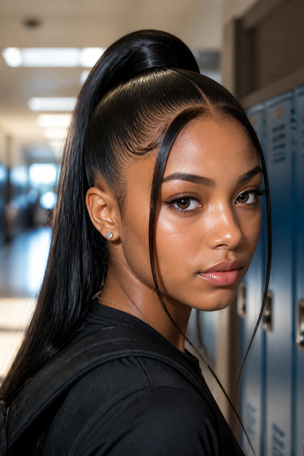 Close-up portrait of a real woman with a sleek high pony and face-framing tendrils in a school hallway