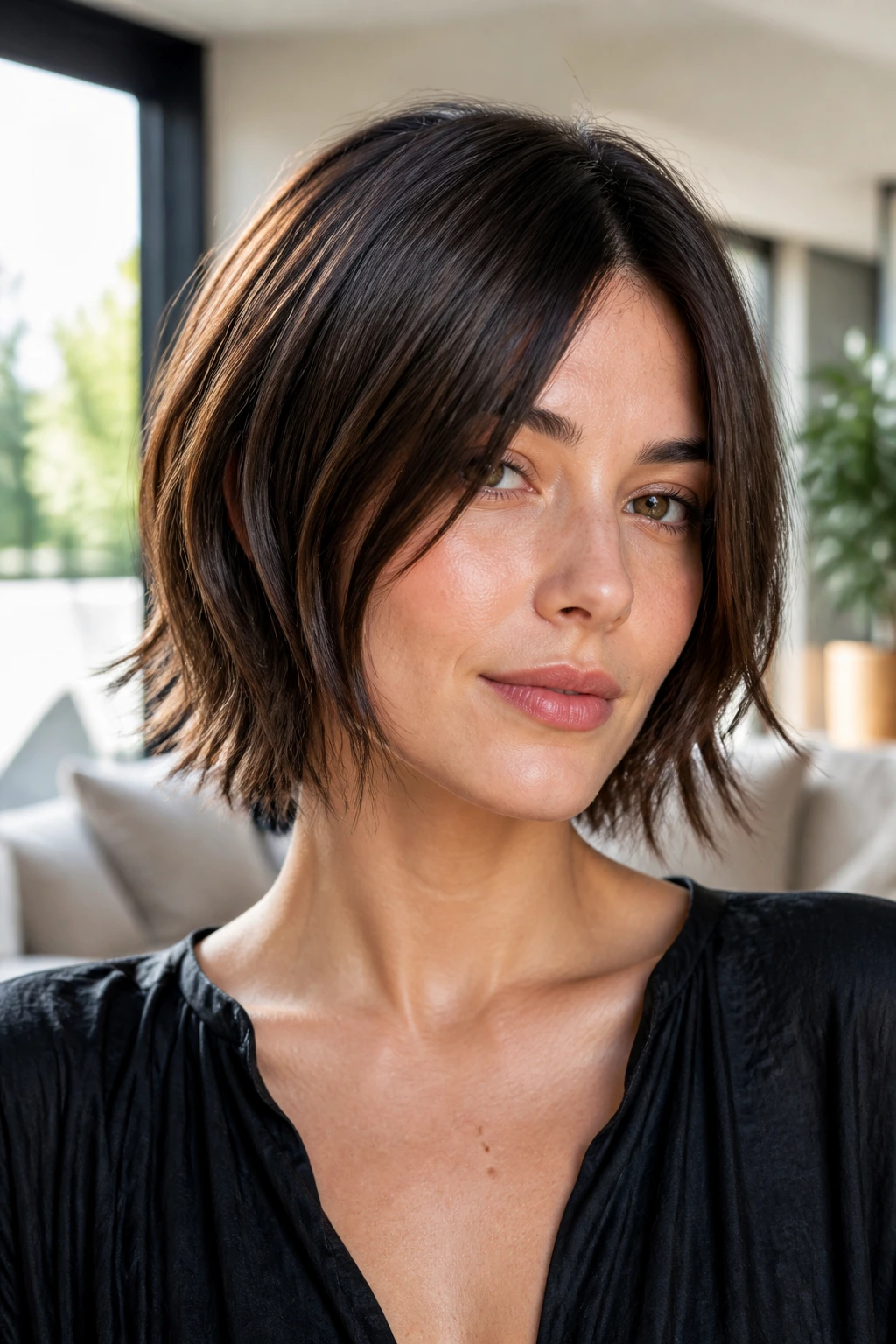Real person with sleek top and shaggy bottom hair.