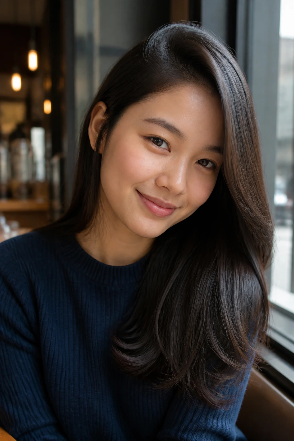 Portrait of a real person with a sleek side-swept hairstyle in a cafe window setting