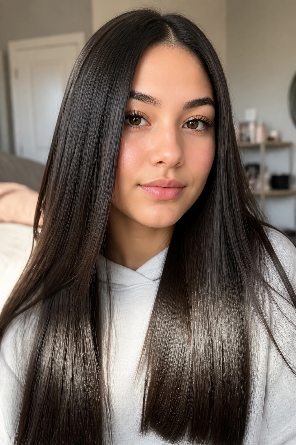 Close-up of a real student with sleek straight thick hair