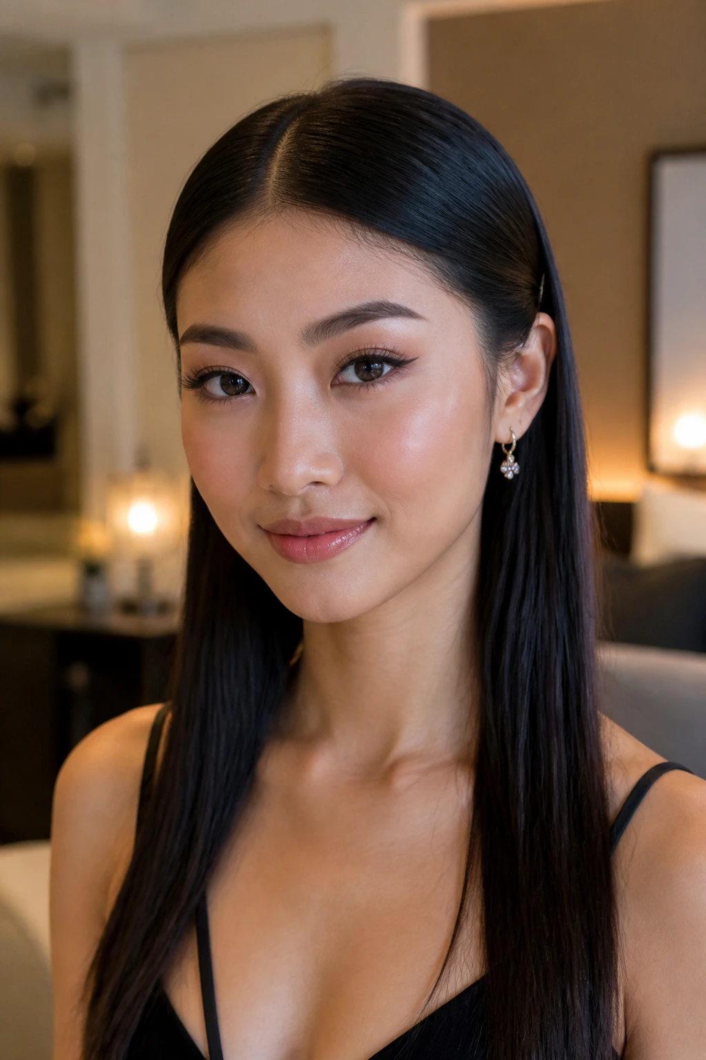 Close-up of a real woman with straight hair and hidden pins behind the ears