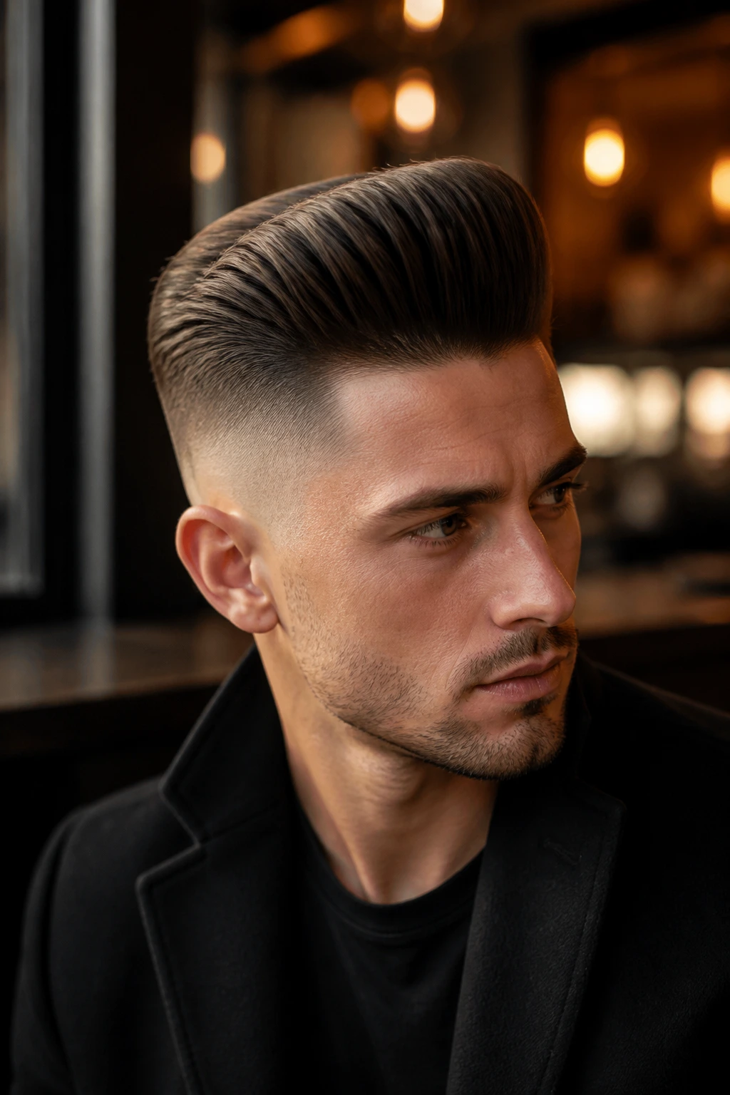 Close-up of real person with a sleek tapered pompadour and fade