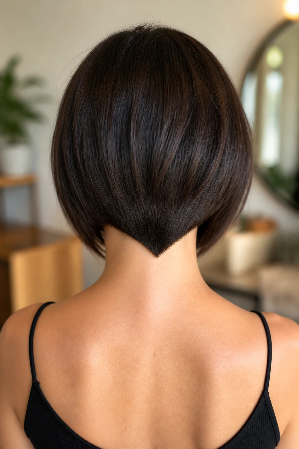 Back view of real woman with sleek tapered V hairstyle