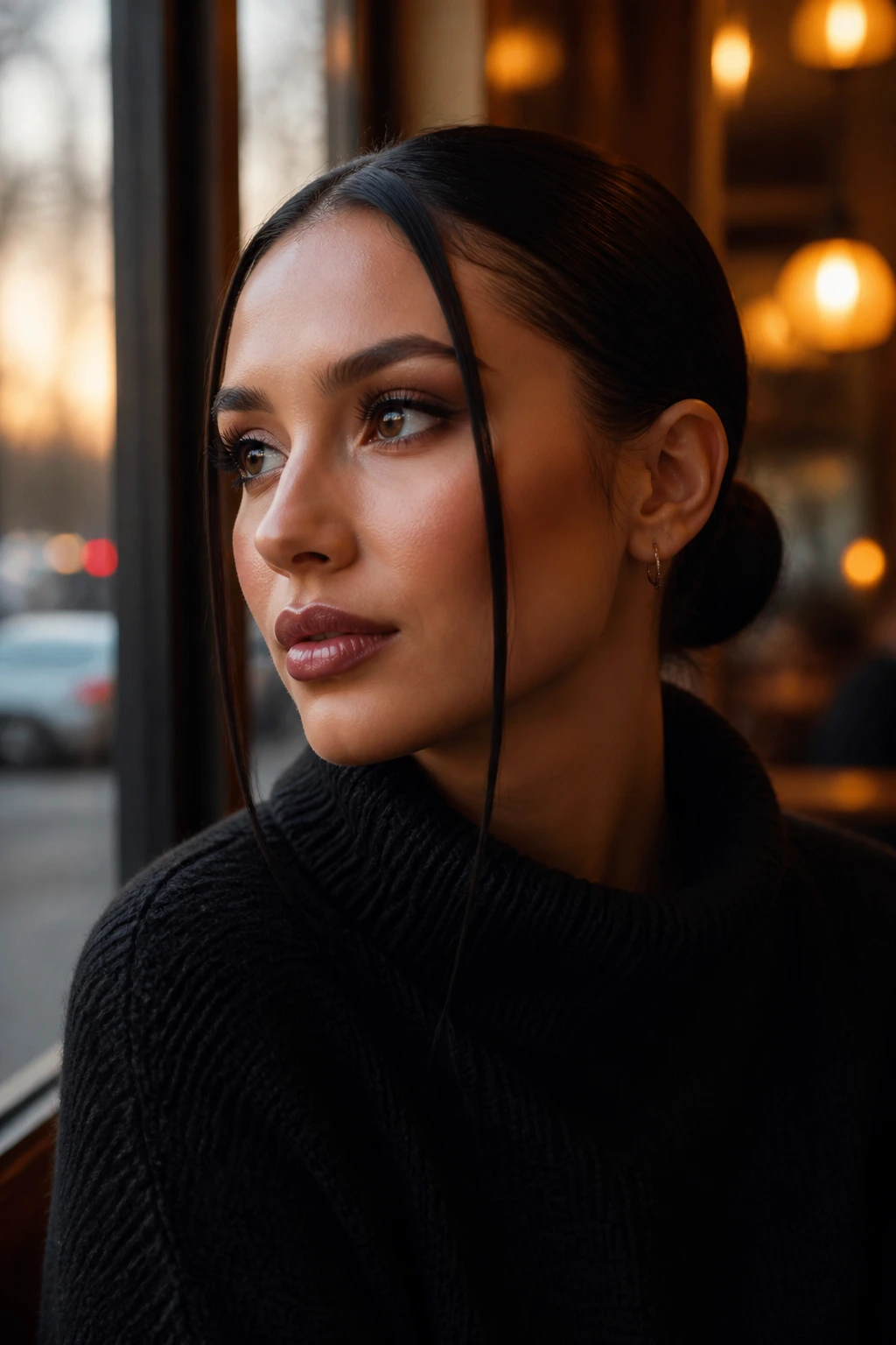 Portrait of a real woman with raven-wing slick-back hairstyle and face-framing strands.