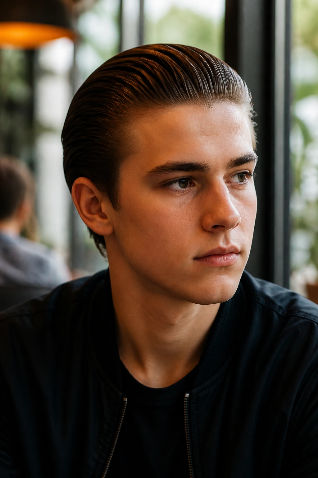 Teenage boy with slicked-back hairstyle in cafe setting