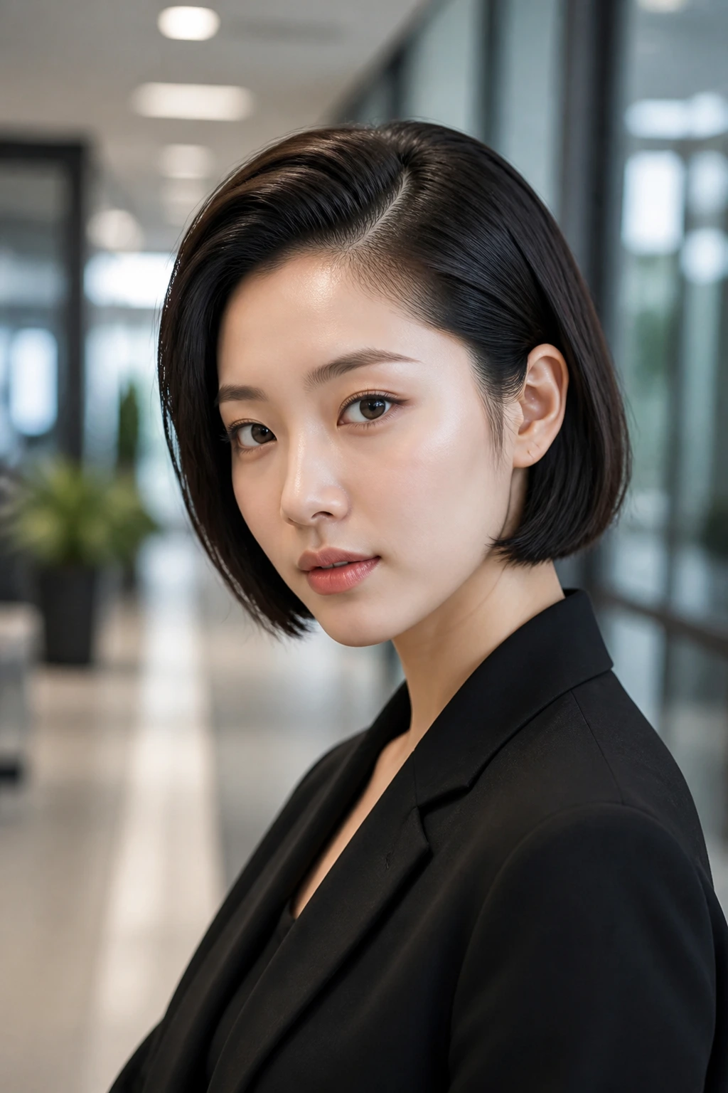 Real woman with slick side-part bob tucked behind the ear in an office