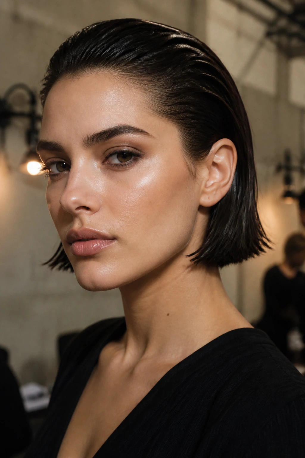 Brunette with slicked-back chic bob in backstage fashion setting