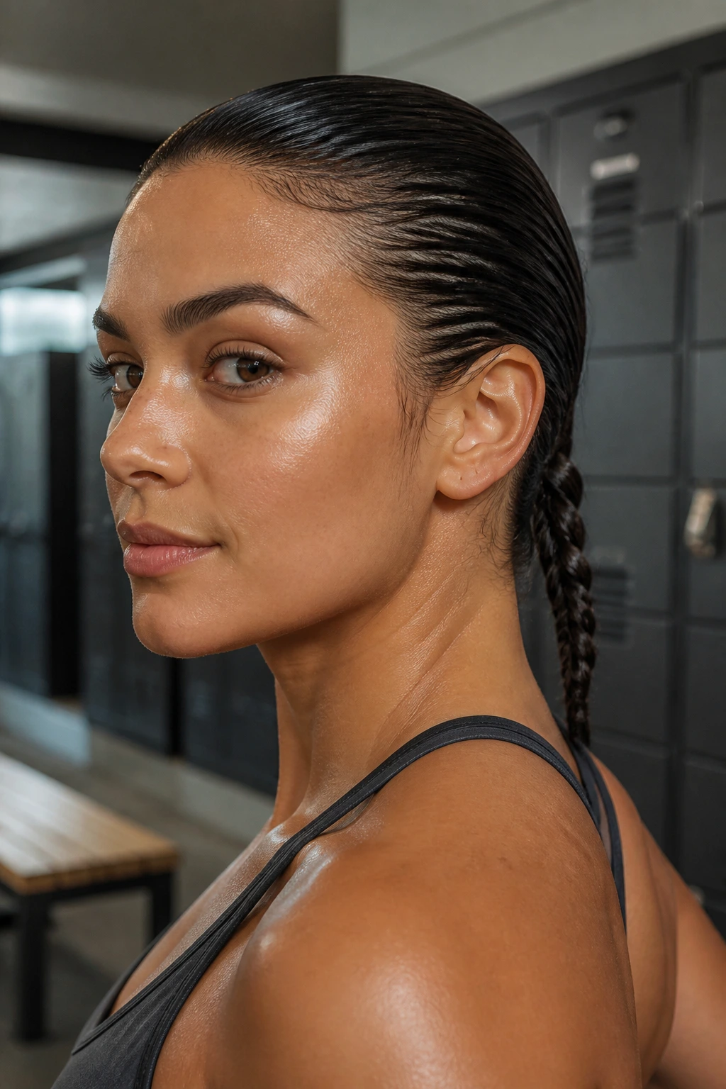 Close-up of a real woman with a slicked-back braid tail in a gym setting