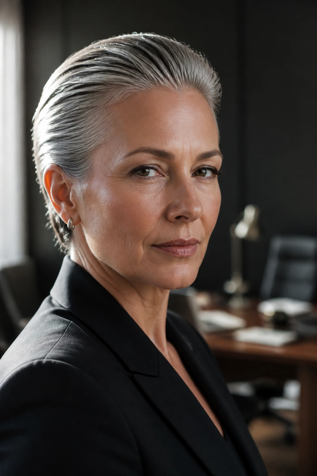 Close-up portrait of a real woman with a slicked-back executive hairstyle in an office